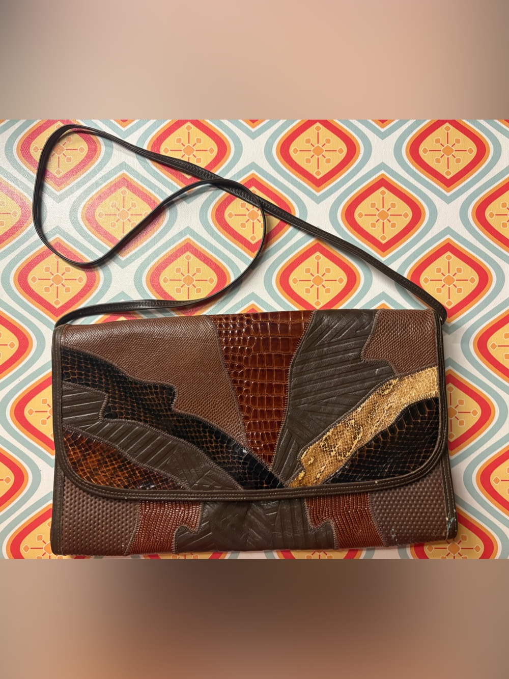 Vintage Leather Patchwork Animal Print Brown Black Envelope Crossbody Bag
